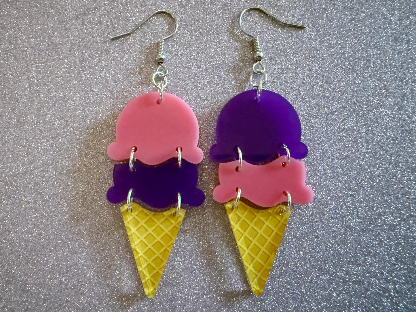 Ice Cream Earrings: Laser Cut Acrylic Ice Cream Cones, Scoop, Miniature Food, Novelty, Foodie, Taro, Hawaiian, Best Gifts for Her/Him/Them