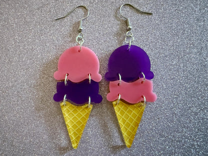 Ice Cream Earrings: Laser Cut Acrylic Ice Cream Cones, Scoop, Miniature Food, Novelty, Foodie, Taro, Hawaiian, Best Gifts for Her/Him/Them