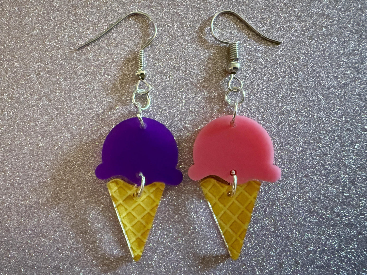 Ice Cream Earrings: Laser Cut Acrylic Ice Cream Cones, Scoop, Miniature Food, Novelty, Foodie, Taro, Hawaiian, Best Gifts for Her/Him/Them