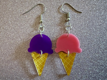 Ice Cream Earrings: Laser Cut Acrylic Ice Cream Cones, Scoop, Miniature Food, Novelty, Foodie, Taro, Hawaiian, Best Gifts for Her/Him/Them