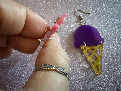 Ice Cream Earrings: Laser Cut Acrylic Ice Cream Cones, Scoop, Miniature Food, Novelty, Foodie, Taro, Hawaiian, Best Gifts for Her/Him/Them