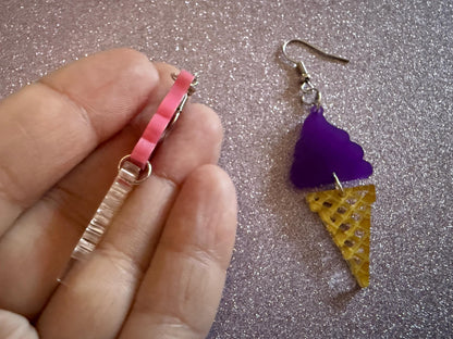 Ice Cream Earrings: Laser Cut Acrylic Ice Cream Cones, Scoop, Miniature Food, Novelty, Foodie, Taro, Hawaiian, Best Gifts for Her/Him/Them