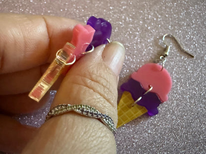Ice Cream Earrings: Laser Cut Acrylic Ice Cream Cones, Scoop, Miniature Food, Novelty, Foodie, Taro, Hawaiian, Best Gifts for Her/Him/Them