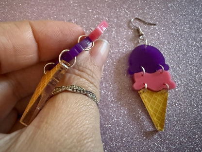 Ice Cream Earrings: Laser Cut Acrylic Ice Cream Cones, Scoop, Miniature Food, Novelty, Foodie, Taro, Hawaiian, Best Gifts for Her/Him/Them