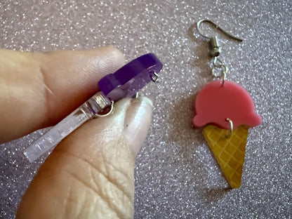 Ice Cream Earrings: Laser Cut Acrylic Ice Cream Cones, Scoop, Miniature Food, Novelty, Foodie, Taro, Hawaiian, Best Gifts for Her/Him/Them