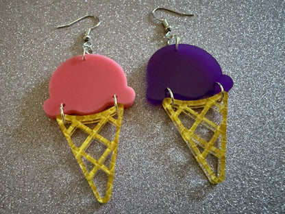 Ice Cream Earrings: Laser Cut Acrylic Ice Cream Cones, Scoop, Miniature Food, Novelty, Foodie, Taro, Hawaiian, Best Gifts for Her/Him/Them