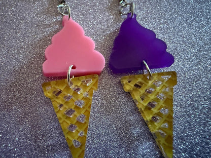 Ice Cream Earrings: Laser Cut Acrylic Ice Cream Cones, Scoop, Miniature Food, Novelty, Foodie, Taro, Hawaiian, Best Gifts for Her/Him/Them