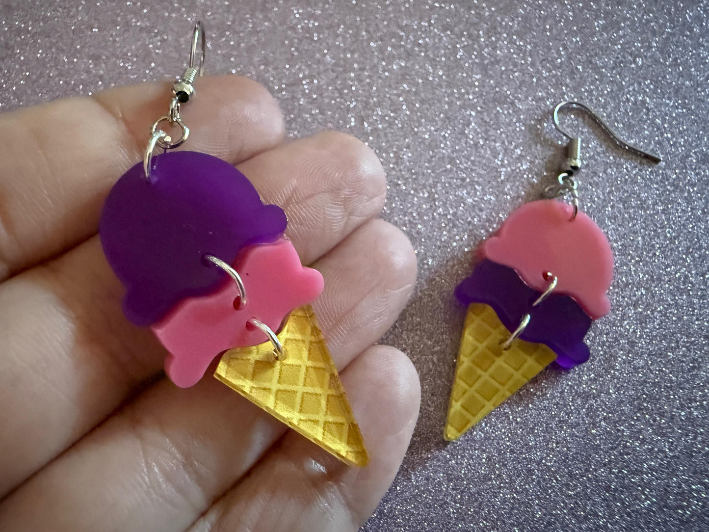 Ice Cream Earrings: Laser Cut Acrylic Ice Cream Cones, Scoop, Miniature Food, Novelty, Foodie, Taro, Hawaiian, Best Gifts for Her/Him/Them