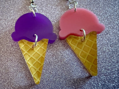 Ice Cream Earrings: Laser Cut Acrylic Ice Cream Cones, Scoop, Miniature Food, Novelty, Foodie, Taro, Hawaiian, Best Gifts for Her/Him/Them