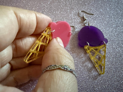 Ice Cream Earrings: Laser Cut Acrylic Ice Cream Cones, Scoop, Miniature Food, Novelty, Foodie, Taro, Hawaiian, Best Gifts for Her/Him/Them