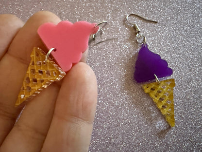 Ice Cream Earrings: Laser Cut Acrylic Ice Cream Cones, Scoop, Miniature Food, Novelty, Foodie, Taro, Hawaiian, Best Gifts for Her/Him/Them