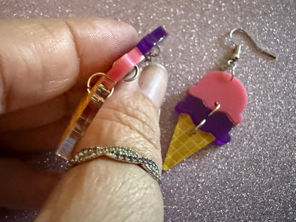 Ice Cream Earrings: Laser Cut Acrylic Ice Cream Cones, Scoop, Miniature Food, Novelty, Foodie, Taro, Hawaiian, Best Gifts for Her/Him/Them