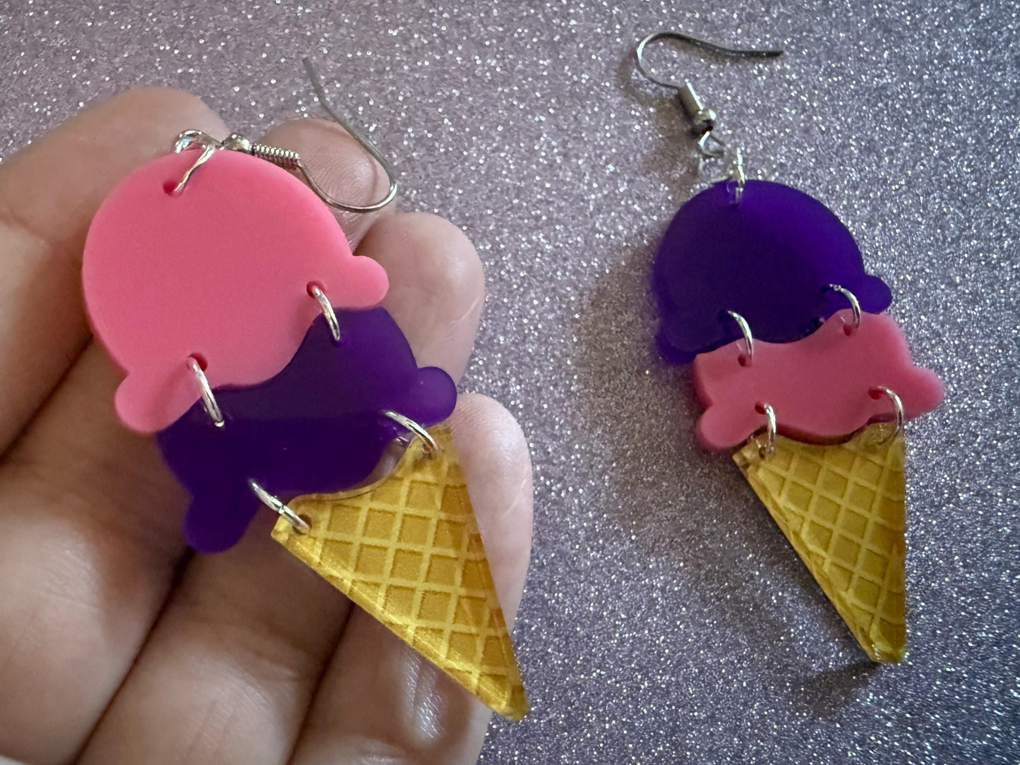 Ice Cream Earrings: Laser Cut Acrylic Ice Cream Cones, Scoop, Miniature Food, Novelty, Foodie, Taro, Hawaiian, Best Gifts for Her/Him/Them