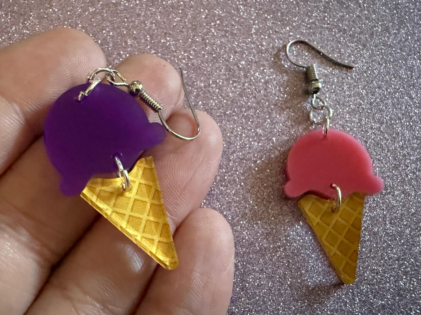 Ice Cream Earrings: Laser Cut Acrylic Ice Cream Cones, Scoop, Miniature Food, Novelty, Foodie, Taro, Hawaiian, Best Gifts for Her/Him/Them