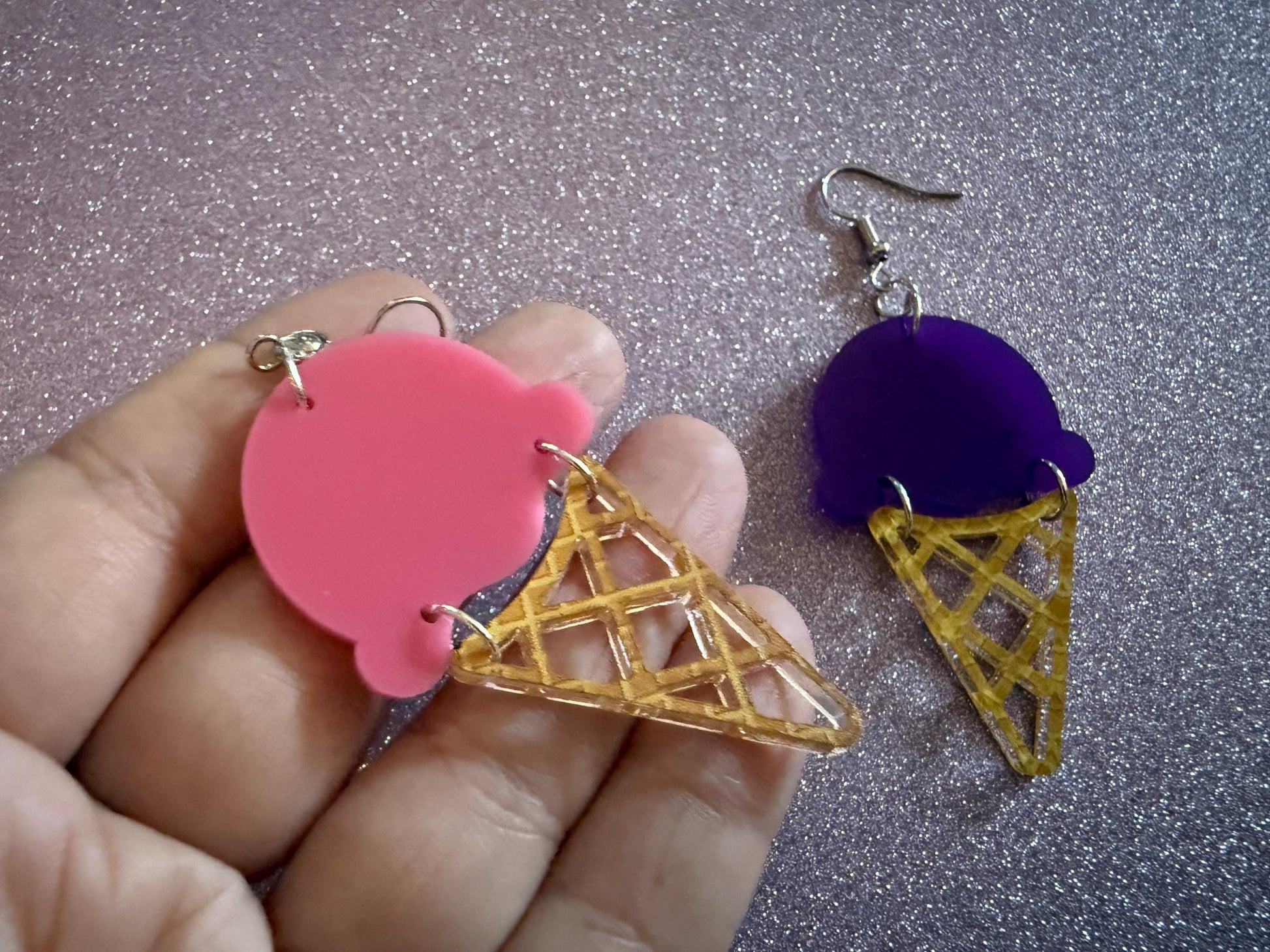 Ice Cream Earrings: Laser Cut Acrylic Ice Cream Cones, Scoop, Miniature Food, Novelty, Foodie, Taro, Hawaiian, Best Gifts for Her/Him/Them