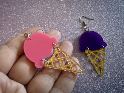 Ice Cream Earrings: Laser Cut Acrylic Ice Cream Cones, Scoop, Miniature Food, Novelty, Foodie, Taro, Hawaiian, Best Gifts for Her/Him/Them