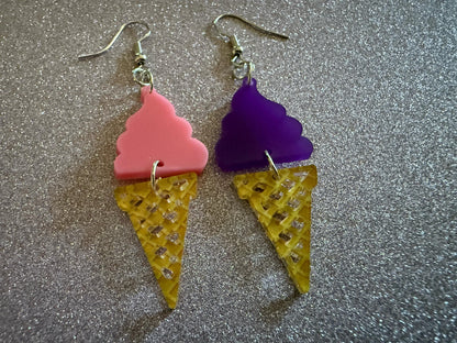 Ice Cream Earrings: Laser Cut Acrylic Ice Cream Cones, Scoop, Miniature Food, Novelty, Foodie, Taro, Hawaiian, Best Gifts for Her/Him/Them