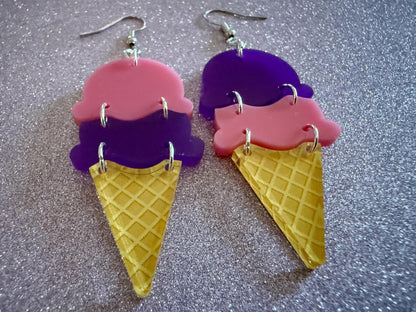 Ice Cream Earrings: Laser Cut Acrylic Ice Cream Cones, Scoop, Miniature Food, Novelty, Foodie, Taro, Hawaiian, Best Gifts for Her/Him/Them
