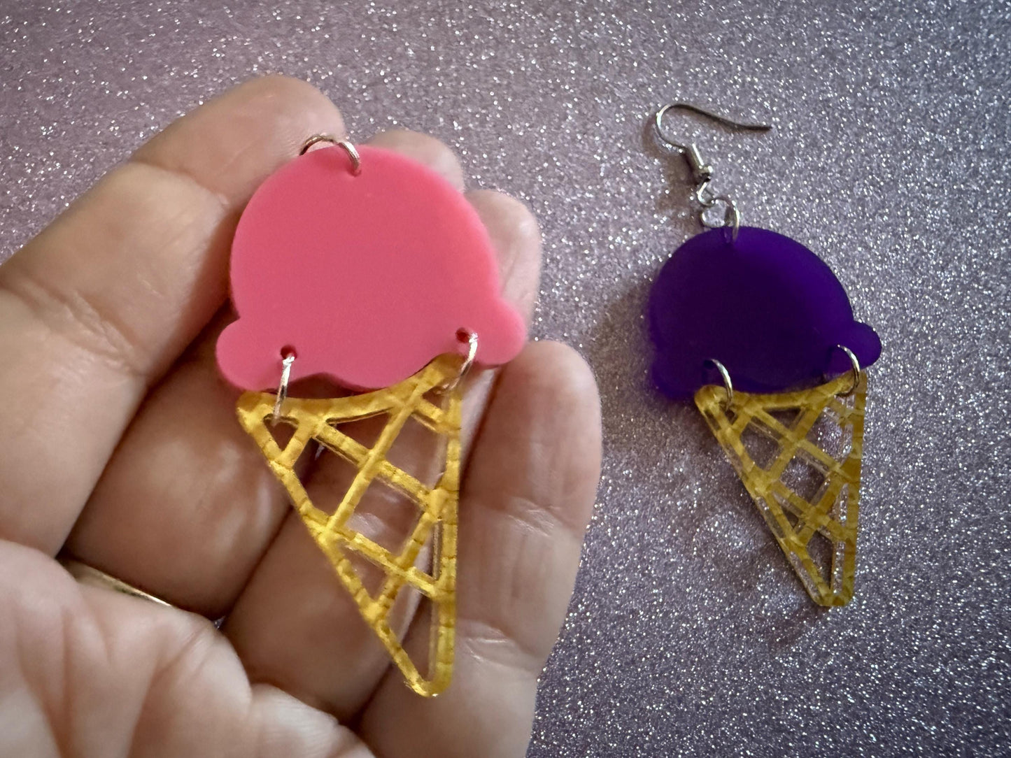 Ice Cream Earrings: Laser Cut Acrylic Ice Cream Cones, Scoop, Miniature Food, Novelty, Foodie, Taro, Hawaiian, Best Gifts for Her/Him/Them