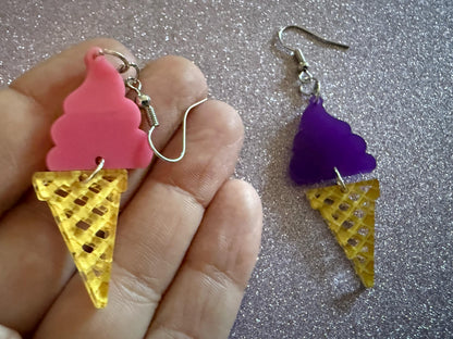 Ice Cream Earrings: Laser Cut Acrylic Ice Cream Cones, Scoop, Miniature Food, Novelty, Foodie, Taro, Hawaiian, Best Gifts for Her/Him/Them