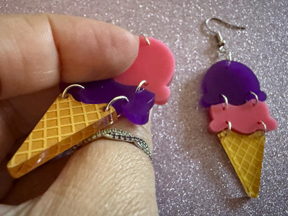 Ice Cream Earrings: Laser Cut Acrylic Ice Cream Cones, Scoop, Miniature Food, Novelty, Foodie, Taro, Hawaiian, Best Gifts for Her/Him/Them