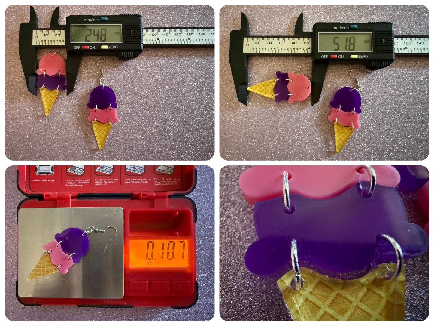 Ice Cream Earrings: Laser Cut Acrylic Ice Cream Cones, Scoop, Miniature Food, Novelty, Foodie, Taro, Hawaiian, Best Gifts for Her/Him/Them