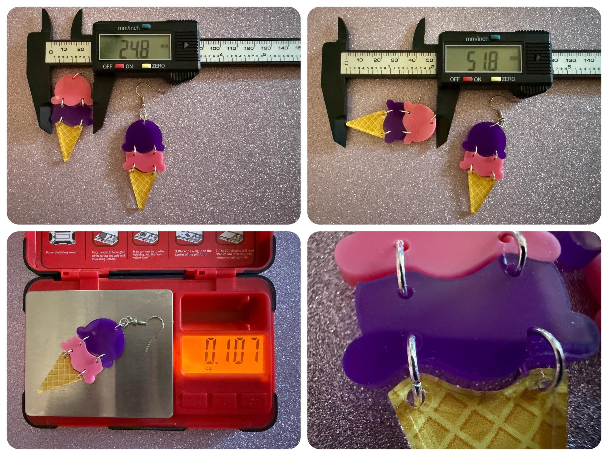 Ice Cream Earrings: Laser Cut Acrylic Ice Cream Cones, Scoop, Miniature Food, Novelty, Foodie, Taro, Hawaiian, Best Gifts for Her/Him/Them