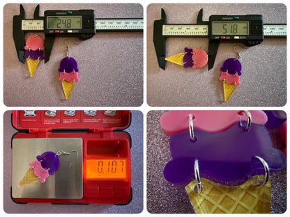 Ice Cream Earrings: Laser Cut Acrylic Ice Cream Cones, Scoop, Miniature Food, Novelty, Foodie, Taro, Hawaiian, Best Gifts for Her/Him/Them