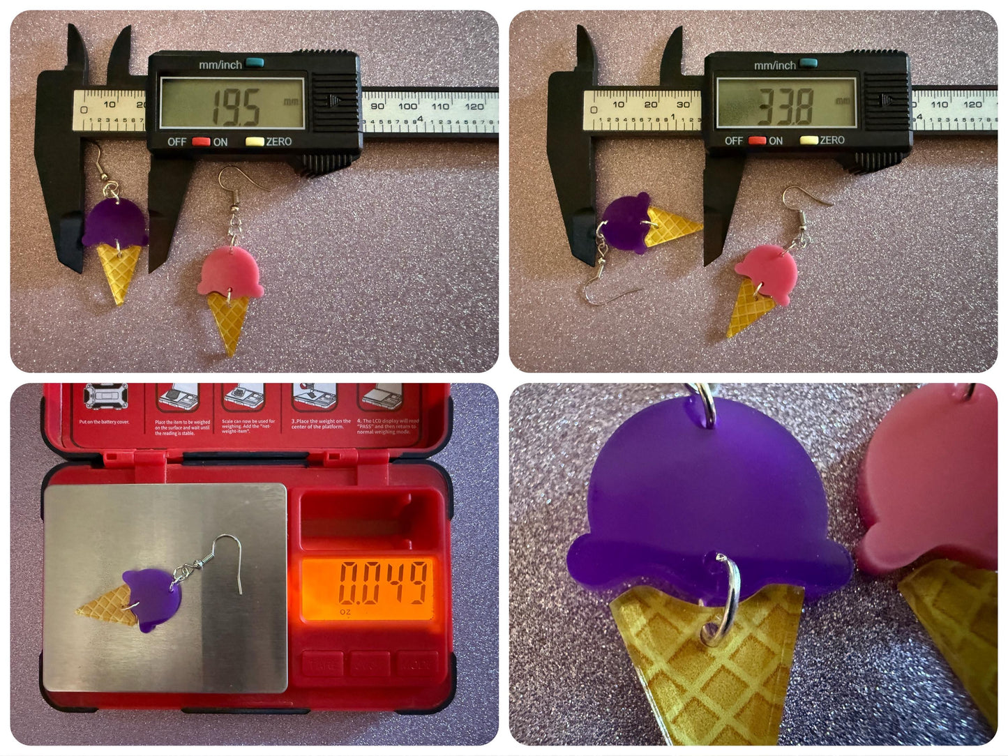 Ice Cream Earrings: Laser Cut Acrylic Ice Cream Cones, Scoop, Miniature Food, Novelty, Foodie, Taro, Hawaiian, Best Gifts for Her/Him/Them