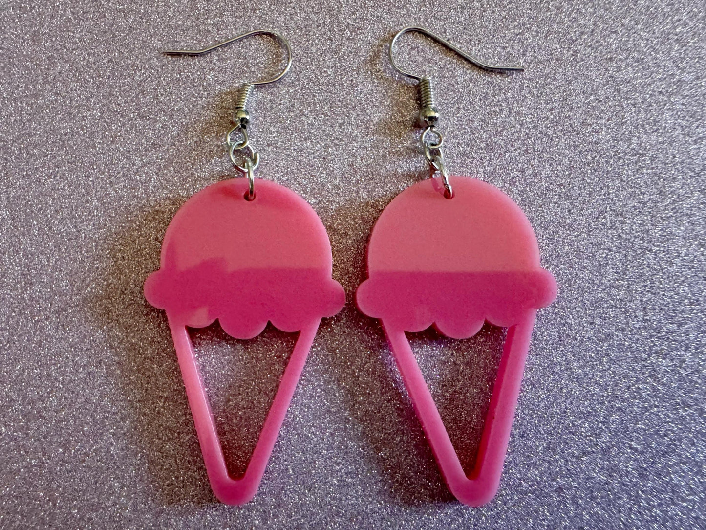 Ice Cream Earrings: Laser Cut Acrylic Pink Ice Cream Cones, Miniature Food, Novelty, Foodie, Strawberry, Best Gifts for Her/Him/Them