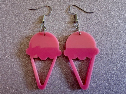 Ice Cream Earrings: Laser Cut Acrylic Pink Ice Cream Cones, Miniature Food, Novelty, Foodie, Strawberry, Best Gifts for Her/Him/Them