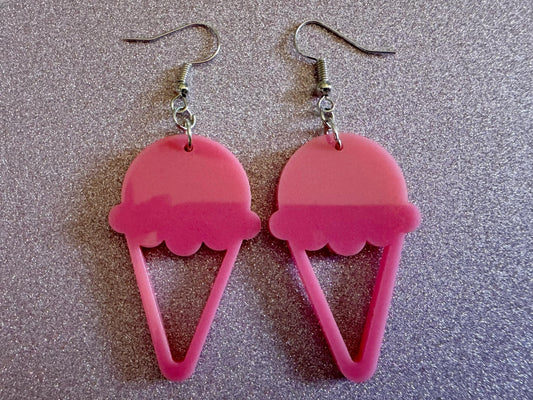 Ice Cream Earrings: Laser Cut Acrylic Pink Ice Cream Cones, Miniature Food, Novelty, Foodie, Strawberry, Best Gifts for Her/Him/Them