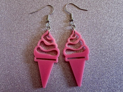 Ice Cream Earrings: Laser Cut Acrylic Pink Ice Cream Cones, Miniature Food, Novelty, Foodie,  Strawberry, Best Gifts for Her/Him/Them