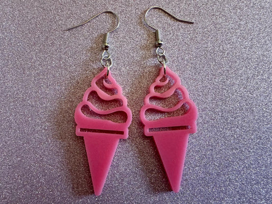 Ice Cream Earrings: Laser Cut Acrylic Pink Ice Cream Cones, Miniature Food, Novelty, Foodie,  Strawberry, Best Gifts for Her/Him/Them