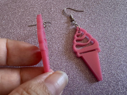 Ice Cream Earrings: Laser Cut Acrylic Pink Ice Cream Cones, Miniature Food, Novelty, Foodie,  Strawberry, Best Gifts for Her/Him/Them