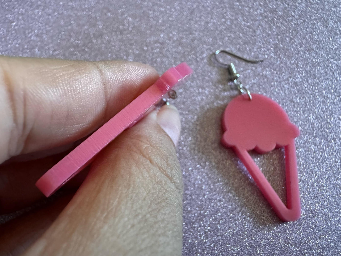 Ice Cream Earrings: Laser Cut Acrylic Pink Ice Cream Cones, Miniature Food, Novelty, Foodie, Strawberry, Best Gifts for Her/Him/Them