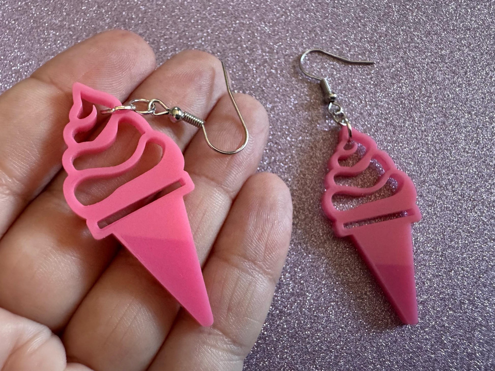 Ice Cream Earrings: Laser Cut Acrylic Pink Ice Cream Cones, Miniature Food, Novelty, Foodie,  Strawberry, Best Gifts for Her/Him/Them