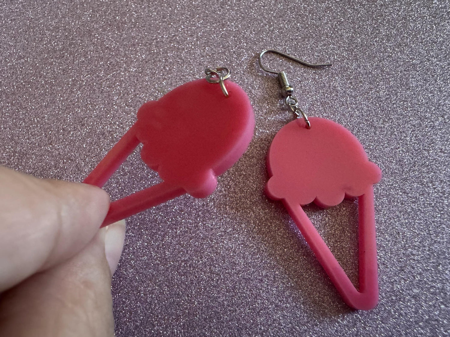 Ice Cream Earrings: Laser Cut Acrylic Pink Ice Cream Cones, Miniature Food, Novelty, Foodie, Strawberry, Best Gifts for Her/Him/Them
