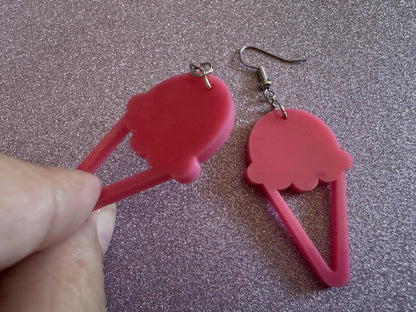 Ice Cream Earrings: Laser Cut Acrylic Pink Ice Cream Cones, Miniature Food, Novelty, Foodie, Strawberry, Best Gifts for Her/Him/Them