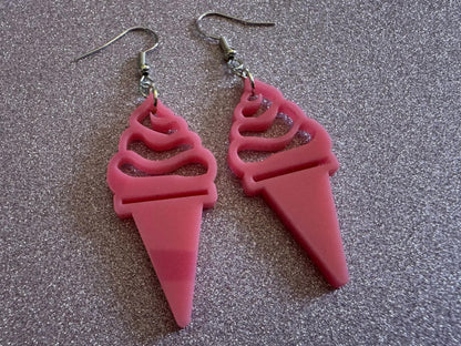 Ice Cream Earrings: Laser Cut Acrylic Pink Ice Cream Cones, Miniature Food, Novelty, Foodie,  Strawberry, Best Gifts for Her/Him/Them