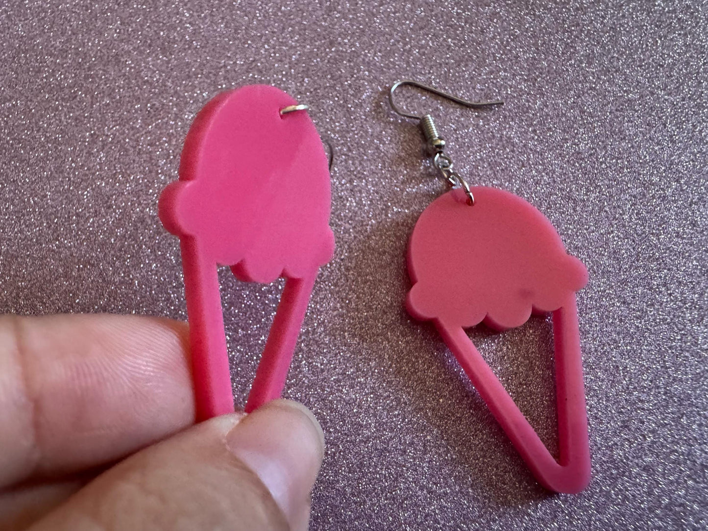 Ice Cream Earrings: Laser Cut Acrylic Pink Ice Cream Cones, Miniature Food, Novelty, Foodie, Strawberry, Best Gifts for Her/Him/Them