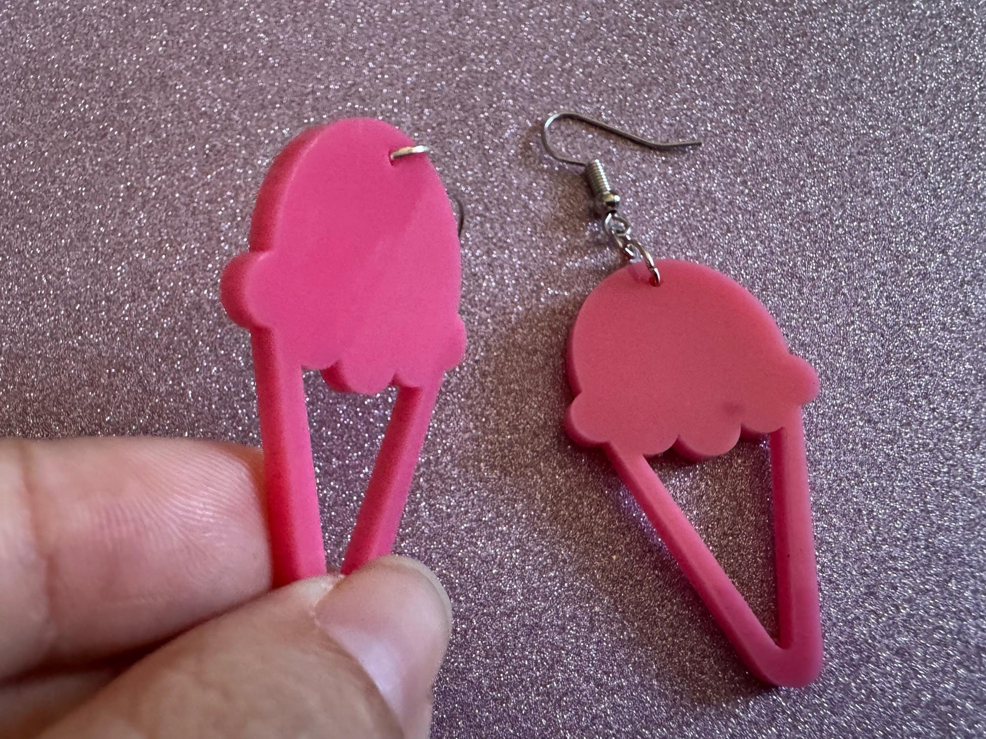 Ice Cream Earrings: Laser Cut Acrylic Pink Ice Cream Cones, Miniature Food, Novelty, Foodie, Strawberry, Best Gifts for Her/Him/Them