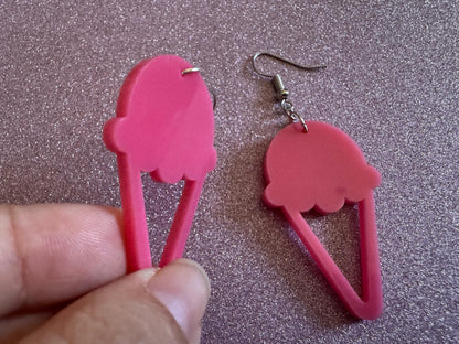 Ice Cream Earrings: Laser Cut Acrylic Pink Ice Cream Cones, Miniature Food, Novelty, Foodie, Strawberry, Best Gifts for Her/Him/Them