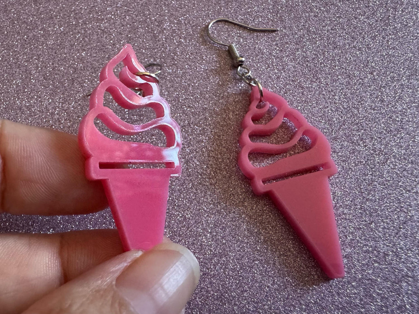 Ice Cream Earrings: Laser Cut Acrylic Pink Ice Cream Cones, Miniature Food, Novelty, Foodie,  Strawberry, Best Gifts for Her/Him/Them
