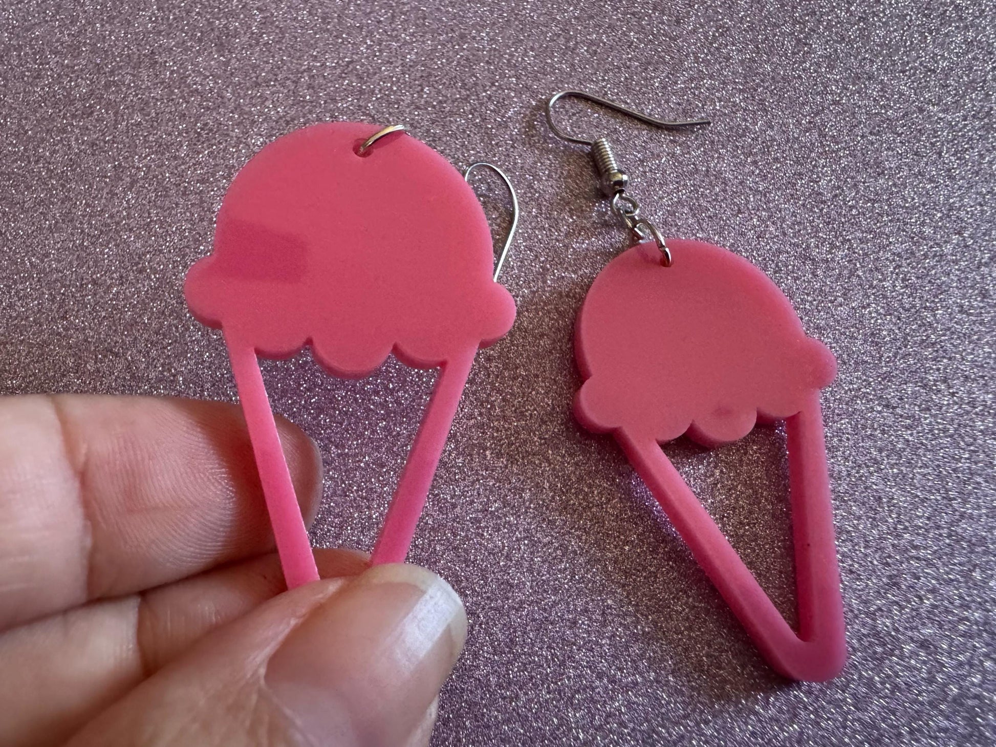 Ice Cream Earrings: Laser Cut Acrylic Pink Ice Cream Cones, Miniature Food, Novelty, Foodie, Strawberry, Best Gifts for Her/Him/Them