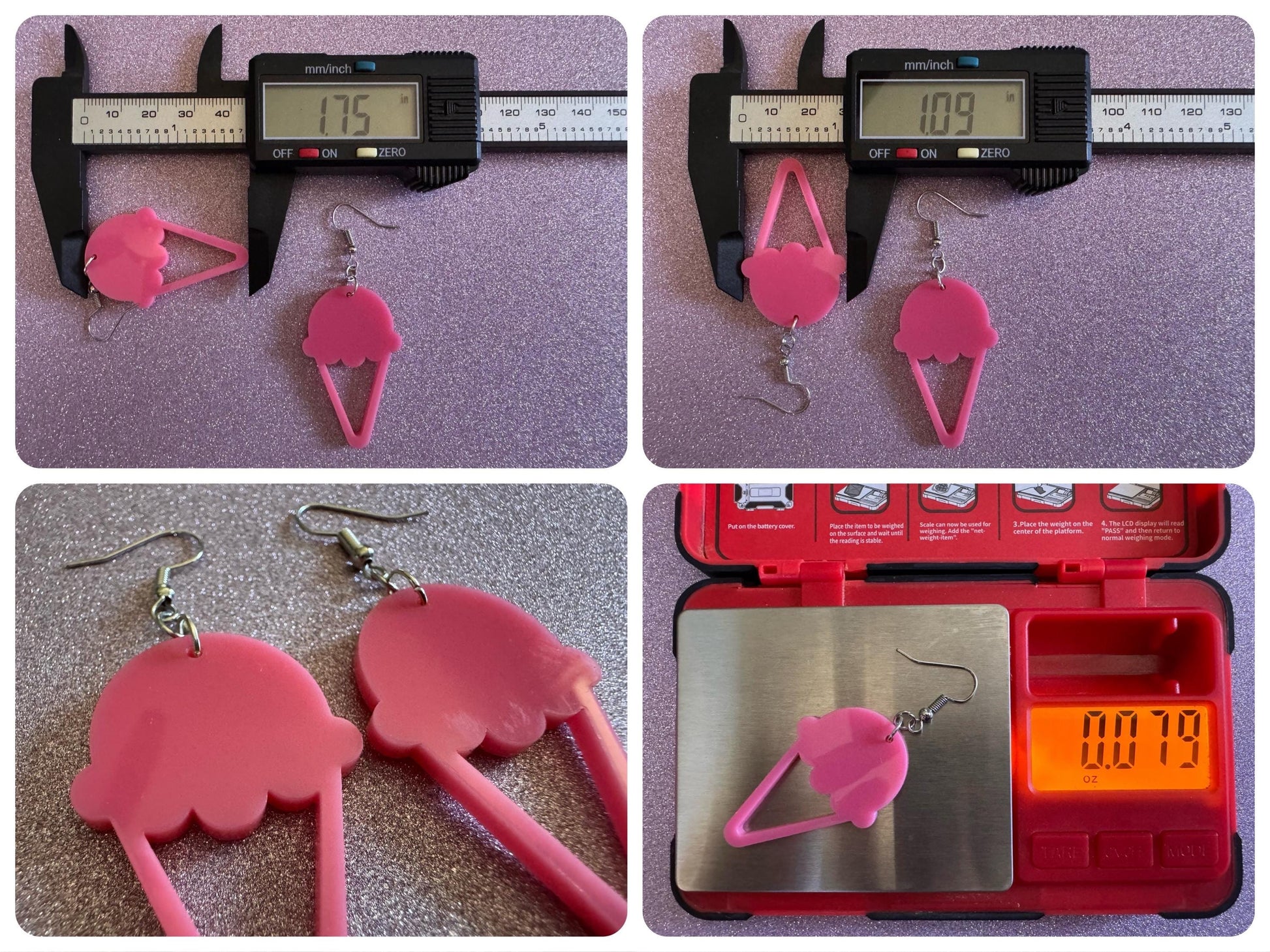 Ice Cream Earrings: Laser Cut Acrylic Pink Ice Cream Cones, Miniature Food, Novelty, Foodie, Strawberry, Best Gifts for Her/Him/Them