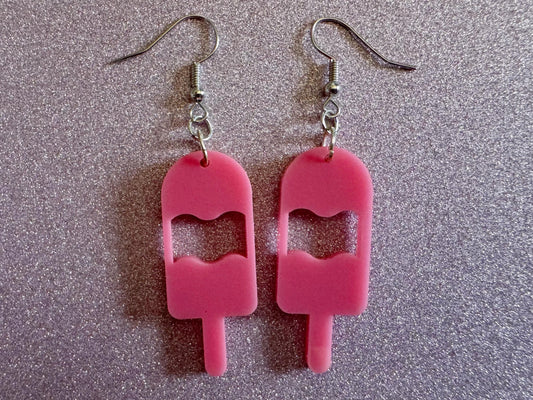 Ice Cream Earrings: Laser Cut Acrylic Pink Ice Cream Popsicles, Miniature Food, Novelty, Foodie, Strawberry, Best Gifts for Her/Him/Them