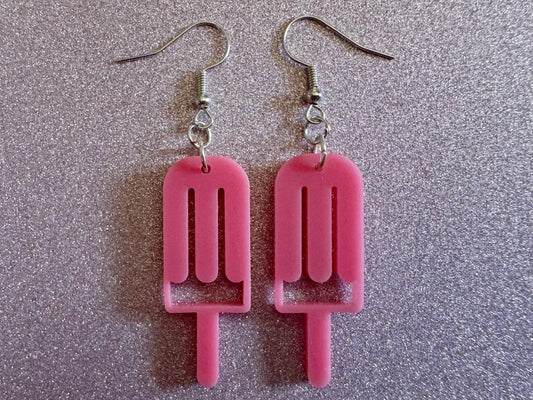 Ice Cream Earrings: Laser Cut Acrylic Pink Ice Cream Popsicles, Miniature Food, Novelty, Foodie, Strawberry, Best Gifts for Her/Him/Them