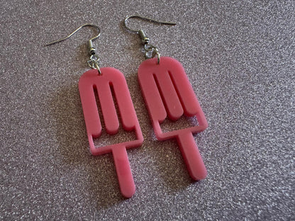 Ice Cream Earrings: Laser Cut Acrylic Pink Ice Cream Popsicles, Miniature Food, Novelty, Foodie, Strawberry, Best Gifts for Her/Him/Them