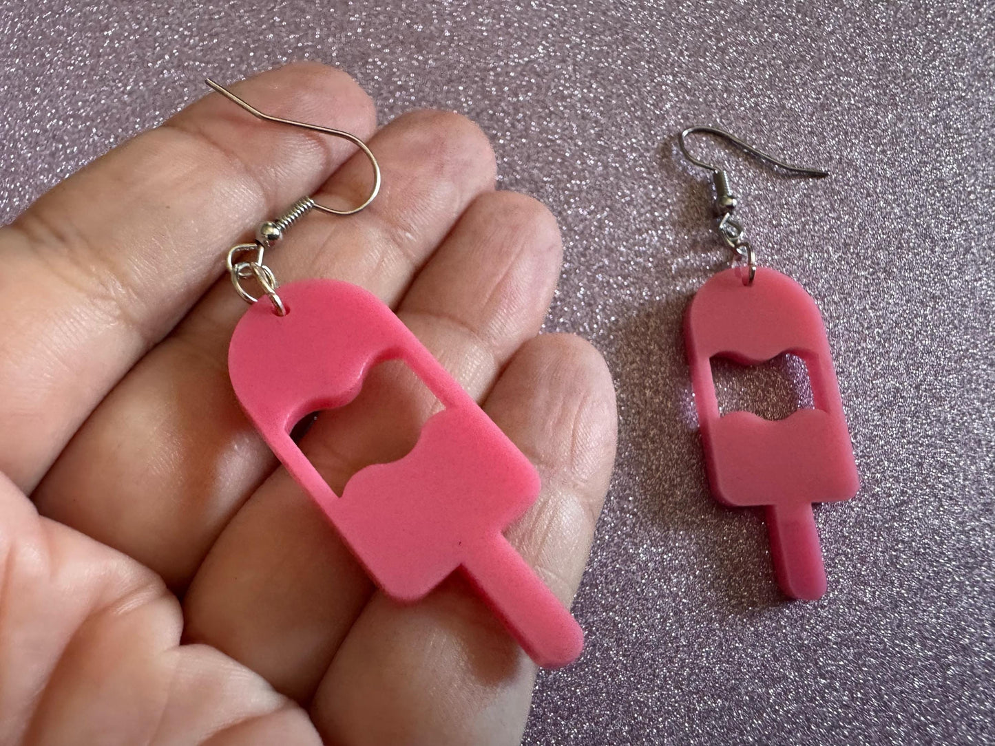 Ice Cream Earrings: Laser Cut Acrylic Pink Ice Cream Popsicles, Miniature Food, Novelty, Foodie, Strawberry, Best Gifts for Her/Him/Them
